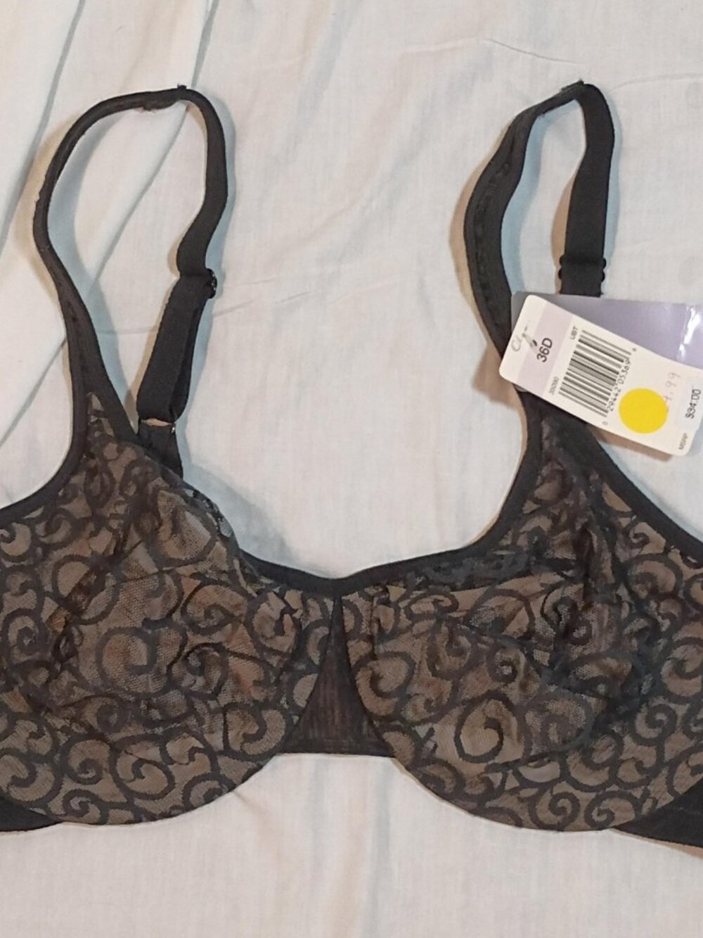 Olga/Underwire Bra/Womens 36D/Black/Geometric Lace Bow Full Coverage Comfort NWT